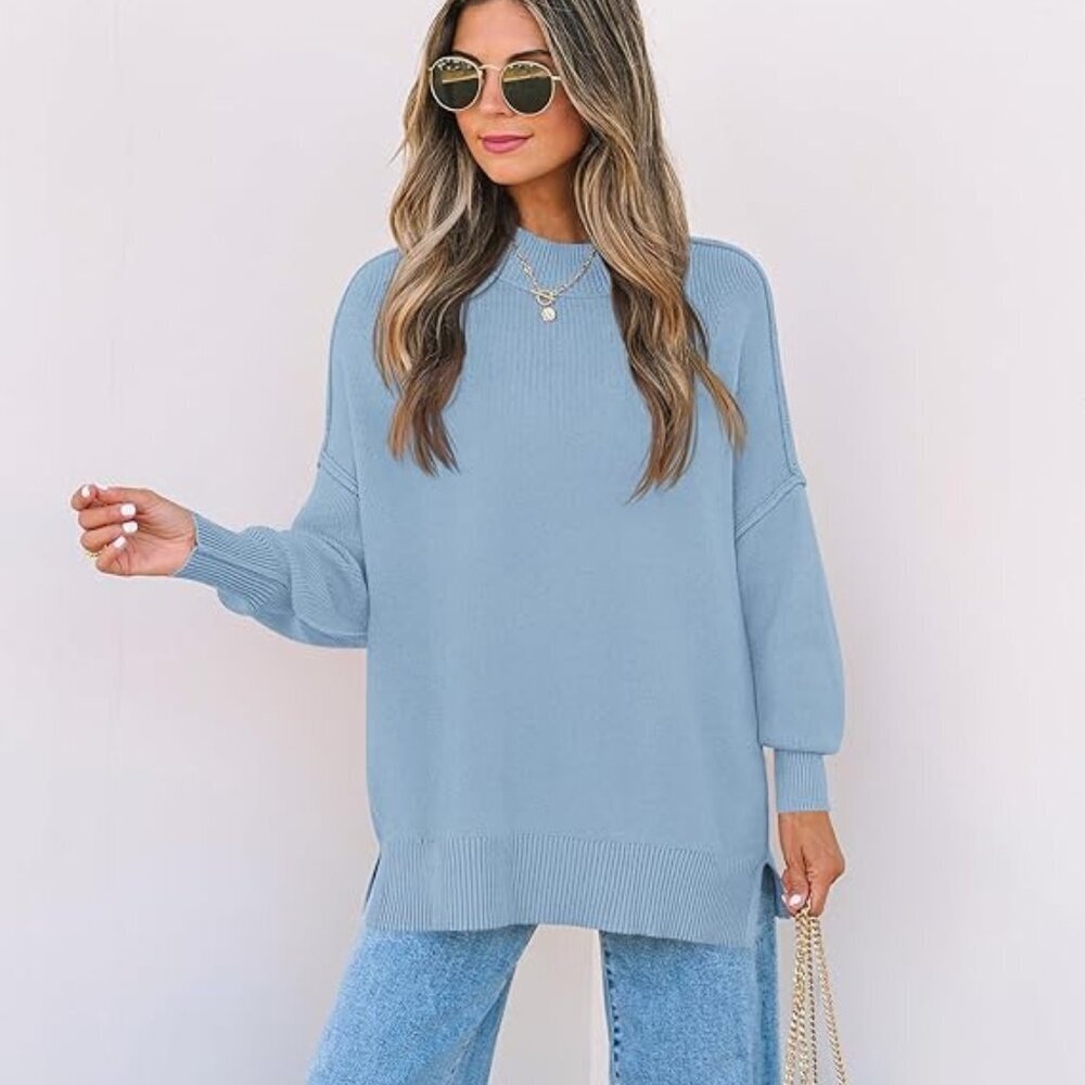 Light Blue Ribbed Knit Sweater Oversized Crewneck Pullover - Size Small​​